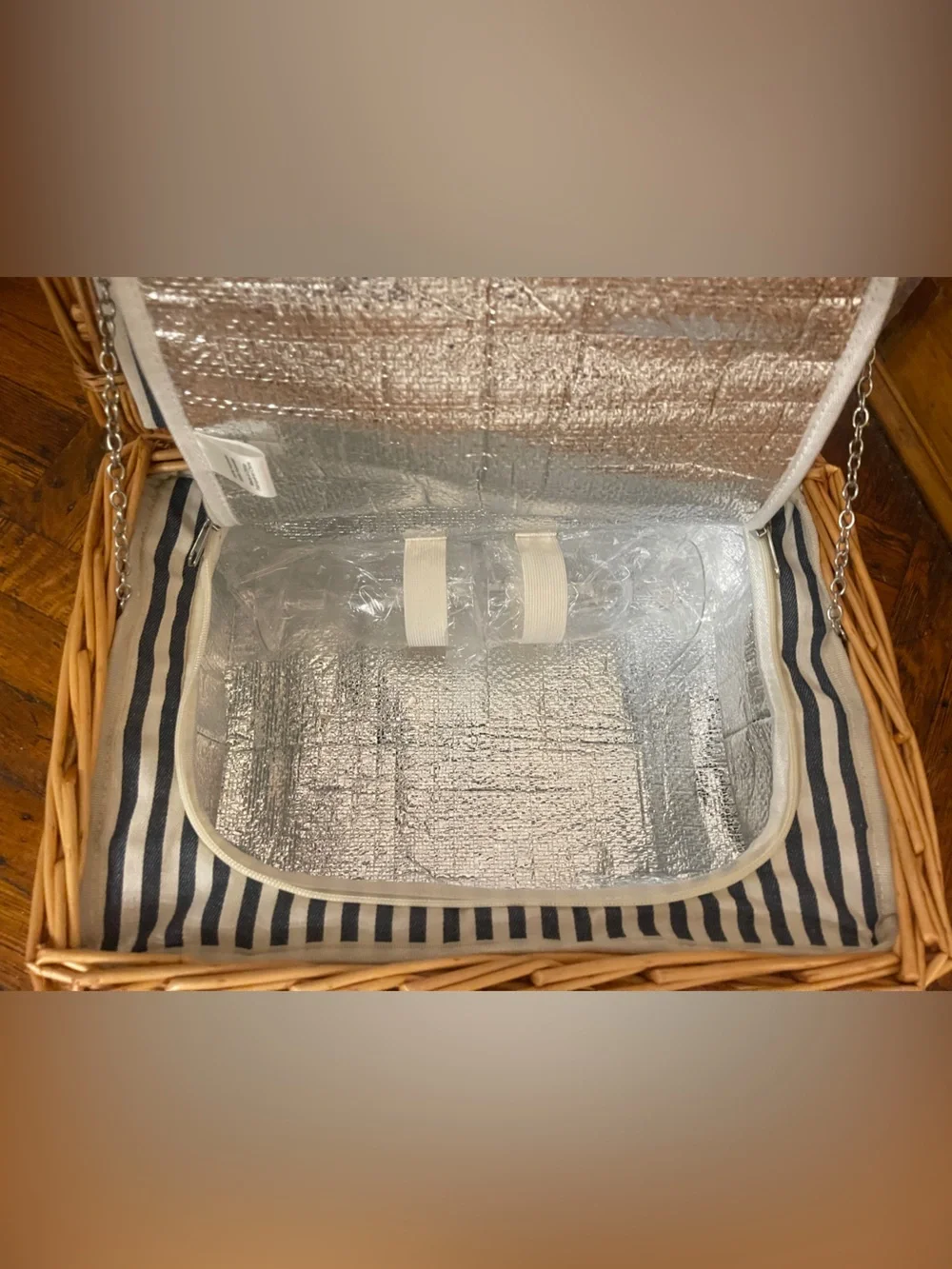 Wicker Picnic Basket Set with Navy Stripe Lining